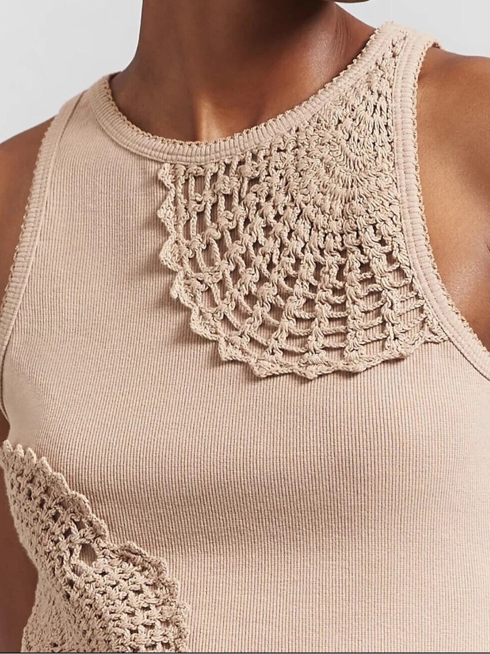 Anthropologie Crochet Appliqué Ribbed Neutral Beige Boho Sleeveless Tank Top - Picture 11 of 11